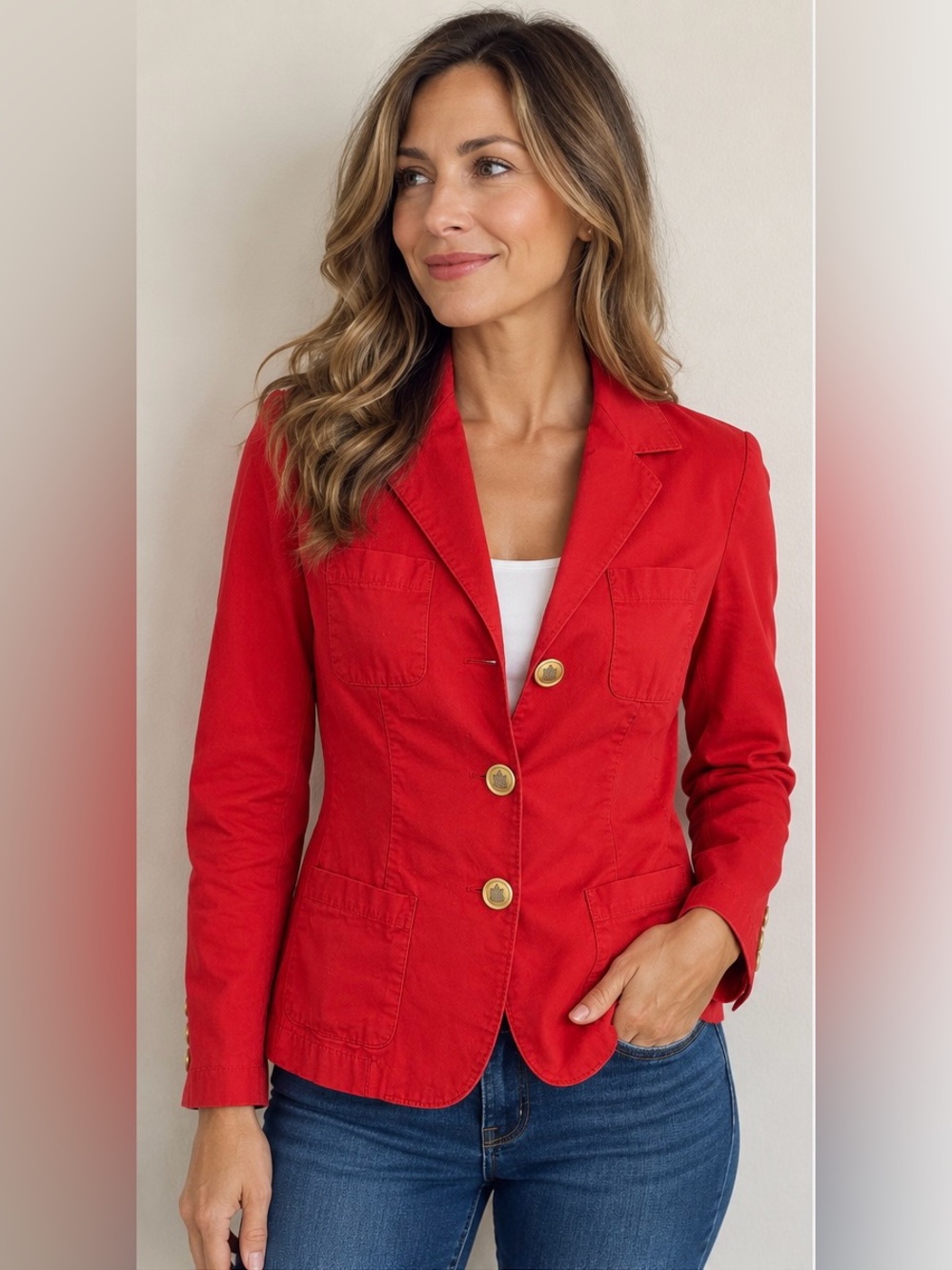 Talbots Petites Women’s Red Cotton Stretch Blazer Gold Buttons Size 2P